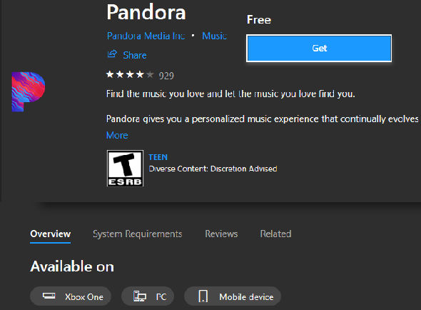 Page de l'application Microsoft Store Pandora