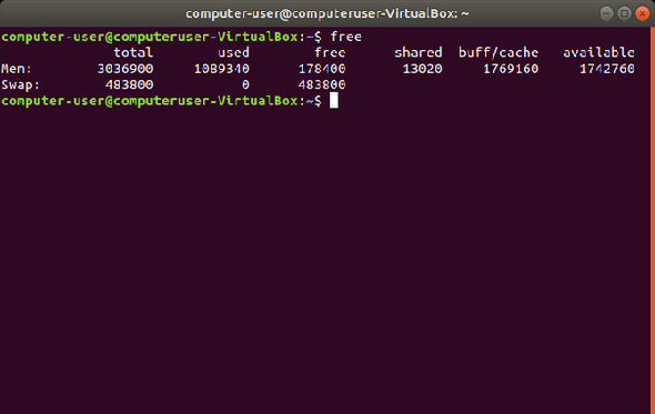 Un terminal Linux affichant la commande free