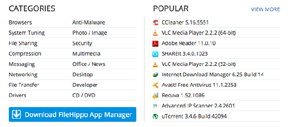 FileHippo liste des catégories et des applications les plus téléchargées.