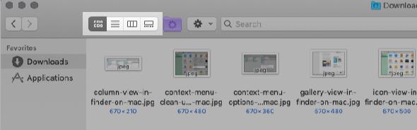 boutons de la barre d'outils pour les vues du Finder sur mac