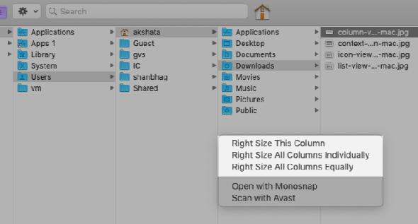 options de menu contextuel en mode colonne dans le Finder sur mac