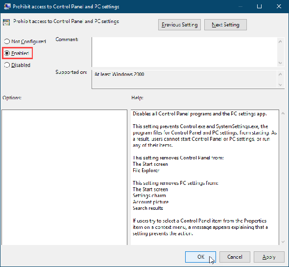 Activez le paramètre Interdire l'accès au panneau de configuration et aux paramètres du PC dans l'éditeur de stratégie de groupe local de Windows 10.