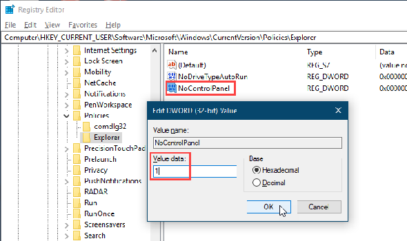 Définissez la valeur NoControlPanel sur 1 dans l'Éditeur du registre Windows 10.
