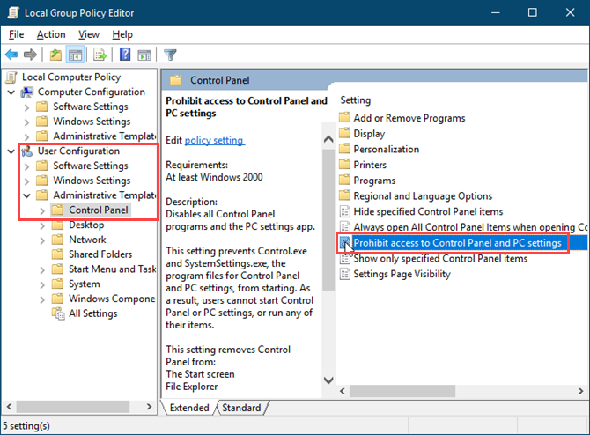 Double-cliquez sur Interdire l'accès au Panneau de configuration et aux paramètres du PC dans l'éditeur de stratégie de groupe locale de Windows 10.