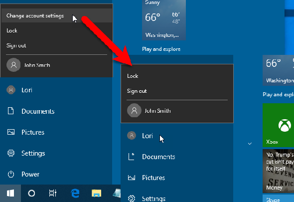 Modifier l'option de paramétrage du compte supprimée du menu Démarrer's user menu in Windows 10