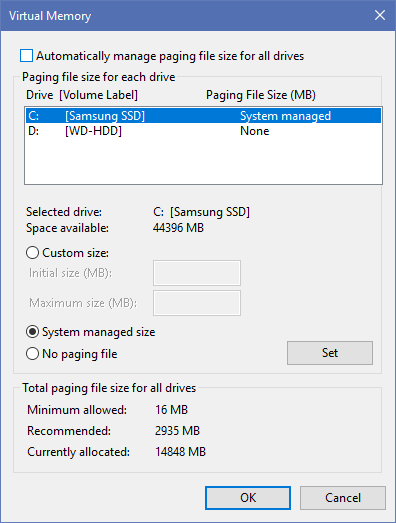 Windows 10 Gérer le fichier de pagination