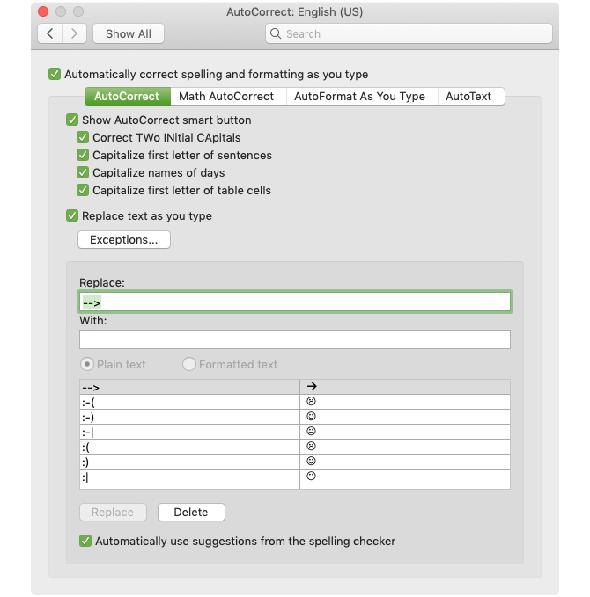 Paramètres de correction automatique Mac