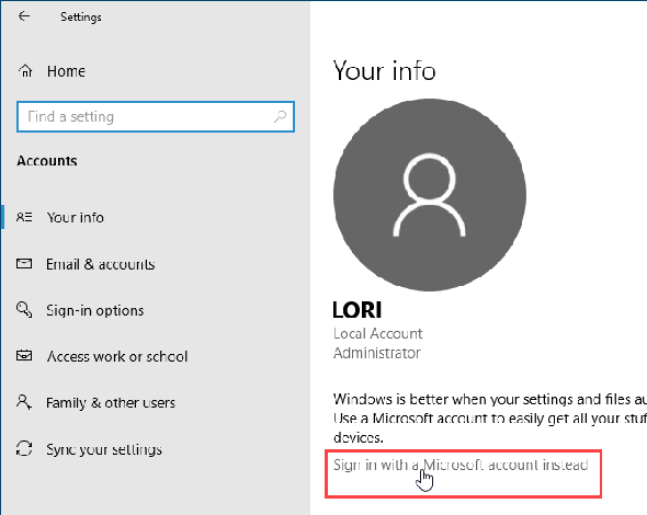 Connectez-vous avec un compte Microsoft à la place dans Windows 10 Paramètres