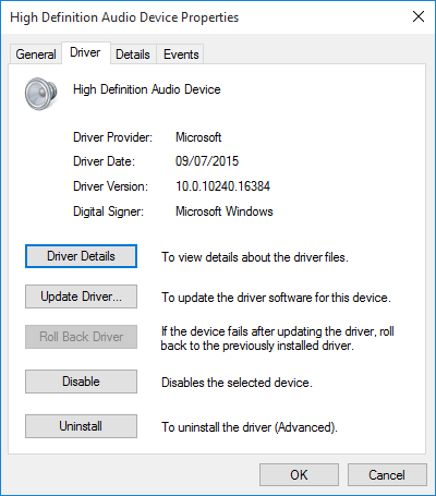 Pilote audio Windows 10 HD