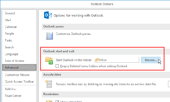 Changer le dossier qui s'ouvre lorsque vous démarrez Outlook