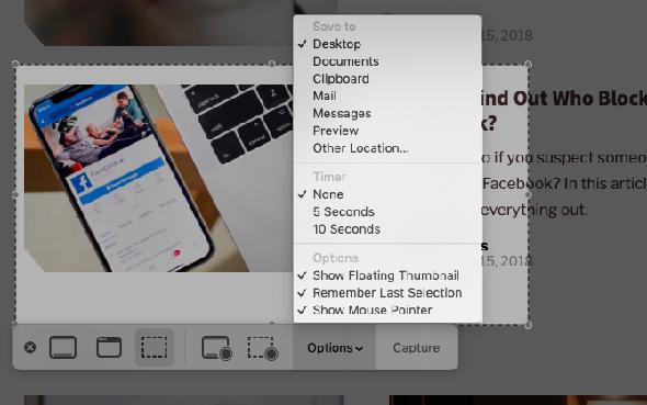 menu d'options dans l'application de capture d'écran sur mac