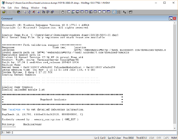 écran d'analyse initiale de bsod windbg