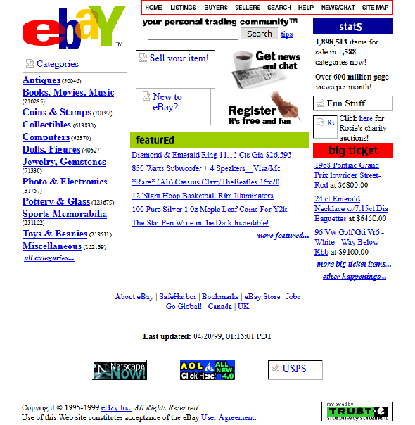 Une capture d'écran d'eBay en 1999