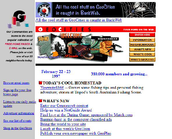 Capture d'écran de GeoCities' website in 1997