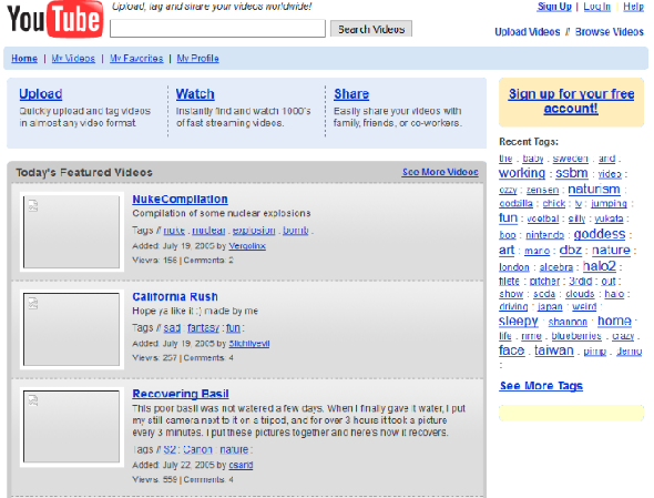 Une capture d'écran de YouTube en 2005