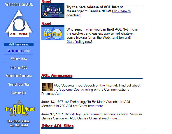Capture d'écran d'AOL's website in 1997