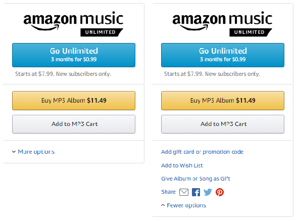 Amazon Music Unlimited option chanson ou album cadeau.