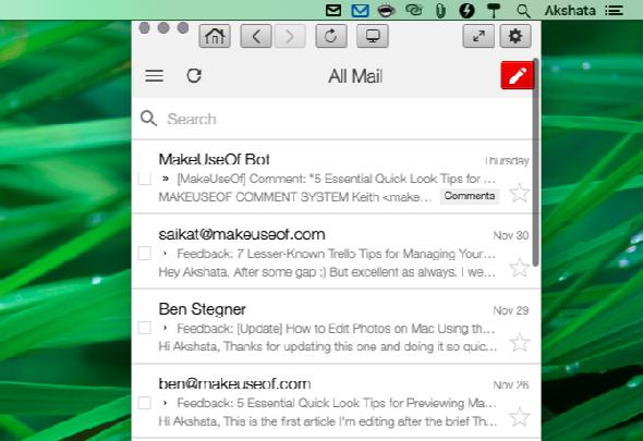 mode mobile dans aller pour la fenêtre de l'application de la barre de menu gmail sur mac