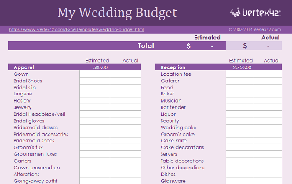 feuille de calcul libre de budget de mariage