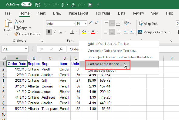 Sélectionnez Personnaliser le ruban dans le menu contextuel du ruban Excel.