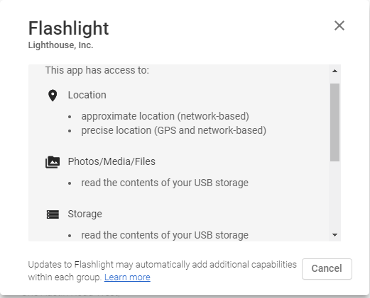 Autorisations d'application Flashlight