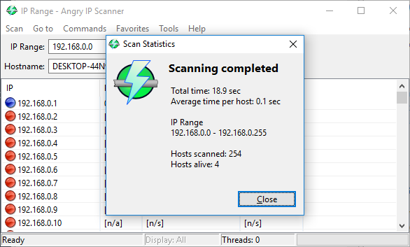 Angry IP Scanner numérisation terminée