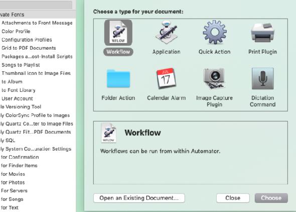 nouvel aperçu du menu de document dans automator sur mac