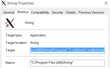 Tweak Xming propriétés dans Windows pour une connexion sécurisée à Linux