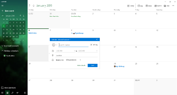 application de bureau calendrier Microsoft