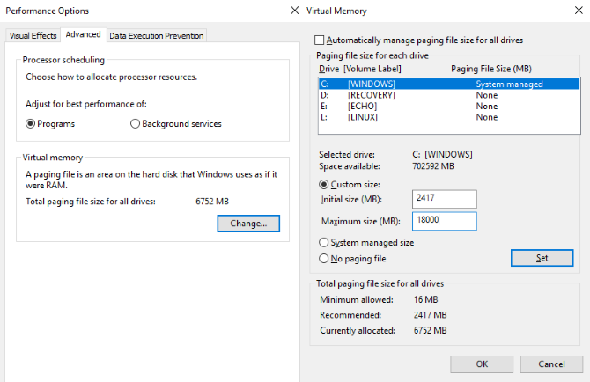 Réinitialiser la mémoire virtuelle Windows 10
