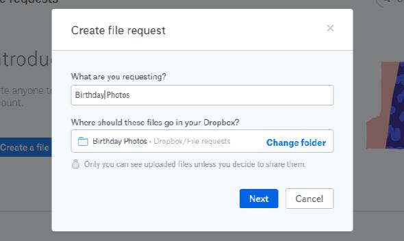 Créer une demande de fichier dans Dropbox
