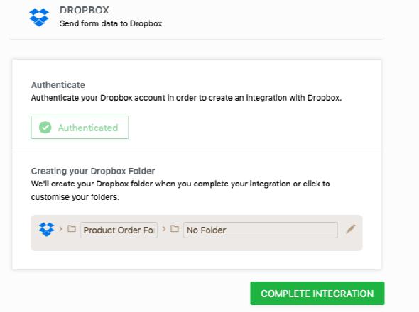Intégration Dropbox Jotform authentifiée