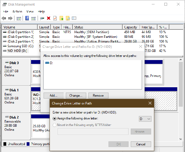 Lettre de lecteur d'affectation de gestion de disque Windows