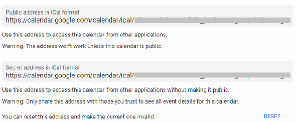 adresse de format Google Calendar ical