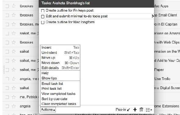 une liste de tâches dans Gmail's tasks panel