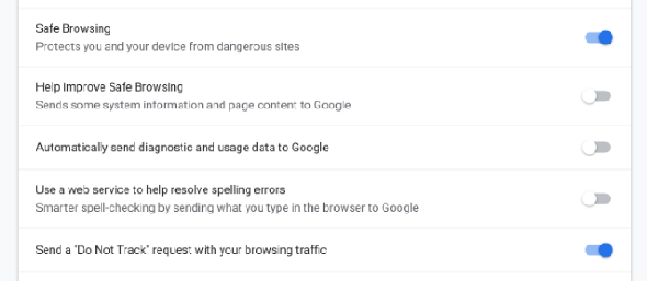 Google Chrome navigation sécurisée et ne pas suivre les paramètres