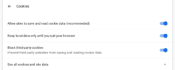 La section des cookies de Google Chrome