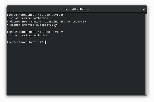 Terminal Linux montrant le"adb devices" command with no result