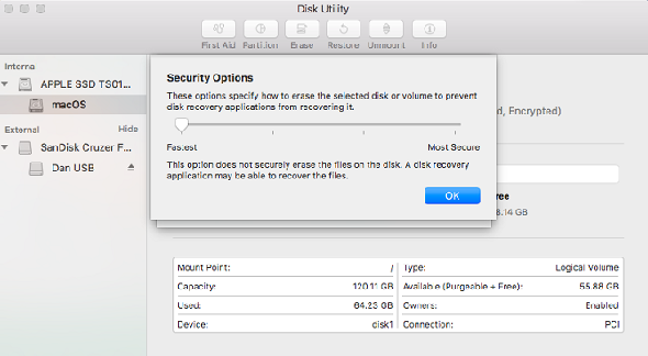 curseur de format mac options de sécurité du disque