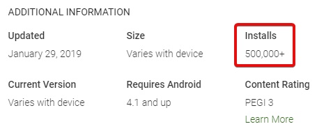 Nombre de téléchargements de l'application Google Play