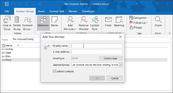 Nouveau contact pour le groupe de contacts Outlook Windows
