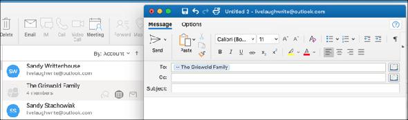 Nouvel email de la section contacts Outlook sur Mac