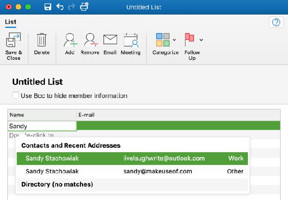 Suggestions de contacts pour la liste de contacts Outlook pour Mac