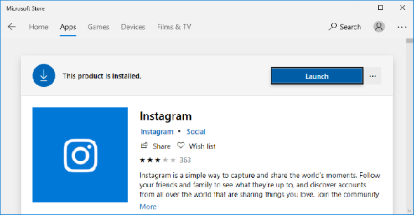 Instagram sur le Microsoft Store