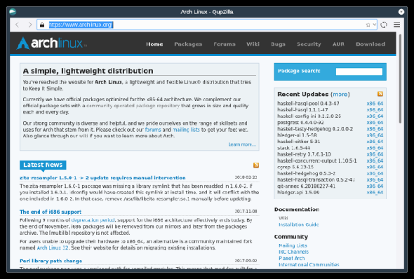 Arch Linux QupZilla page