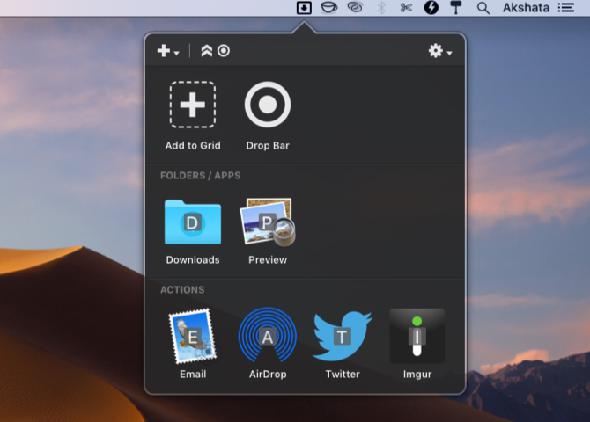 Aperçu du panneau de la barre de menus Dropzone sur macOS