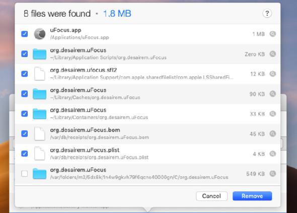 Fichiers trouvés pour suppression dans AppCleaner sur macOS