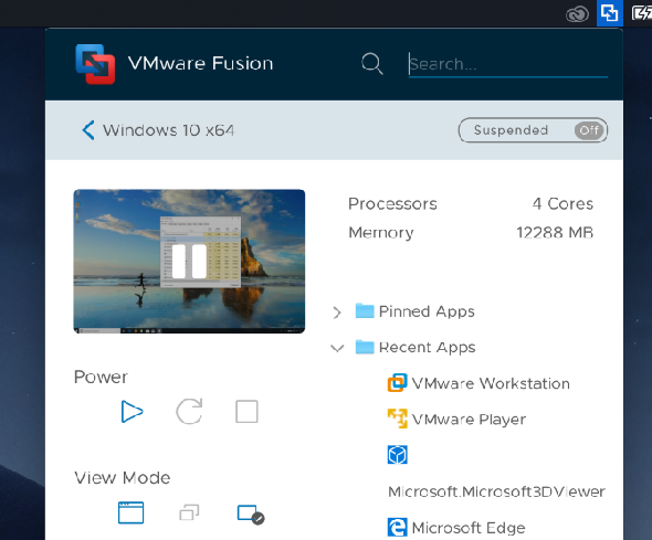 Menu de l'application VMWare Fusion