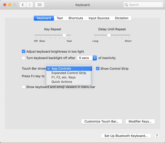 Paramètres du Touch Bar dans les préférences du clavier macOS