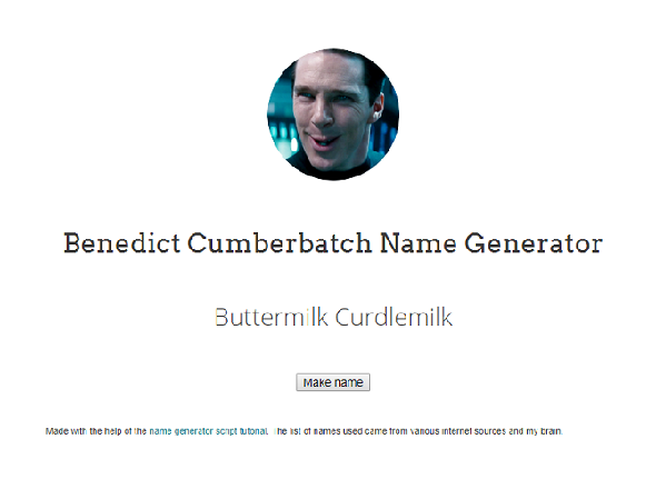 Capture d'écran du site Web de Benedict Cumberbatch Name Generator